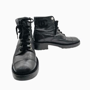 Chanel Rare‎ Black Leather Calfskin Boots Pearls Velvet Laces Women’s Size 40.5